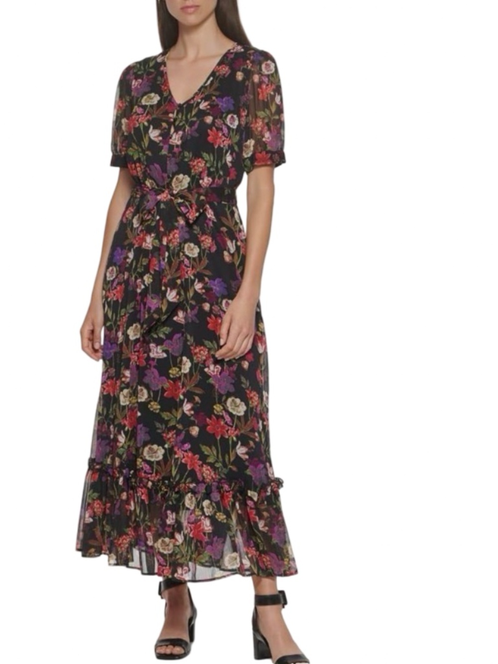 Calvin Klein Black Floral Chiffon VNeck Maxi Ruffle Hem Dress Sz 10